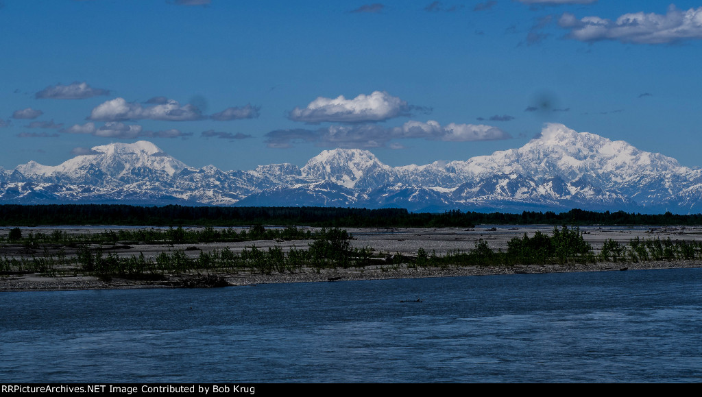 L to R:  Mounts Fouraker, Hunter, and Denali as viewed from the rear car of the southbound Denali Explorer train